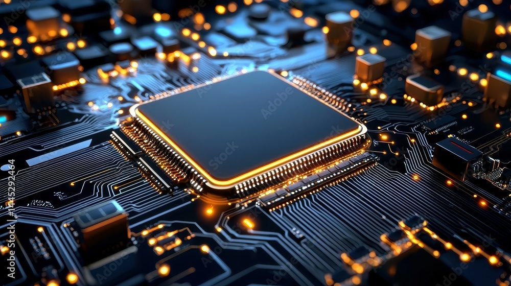 Poster close-up of a modern computer processor on a circuit board, glowing with blue and orange lights.