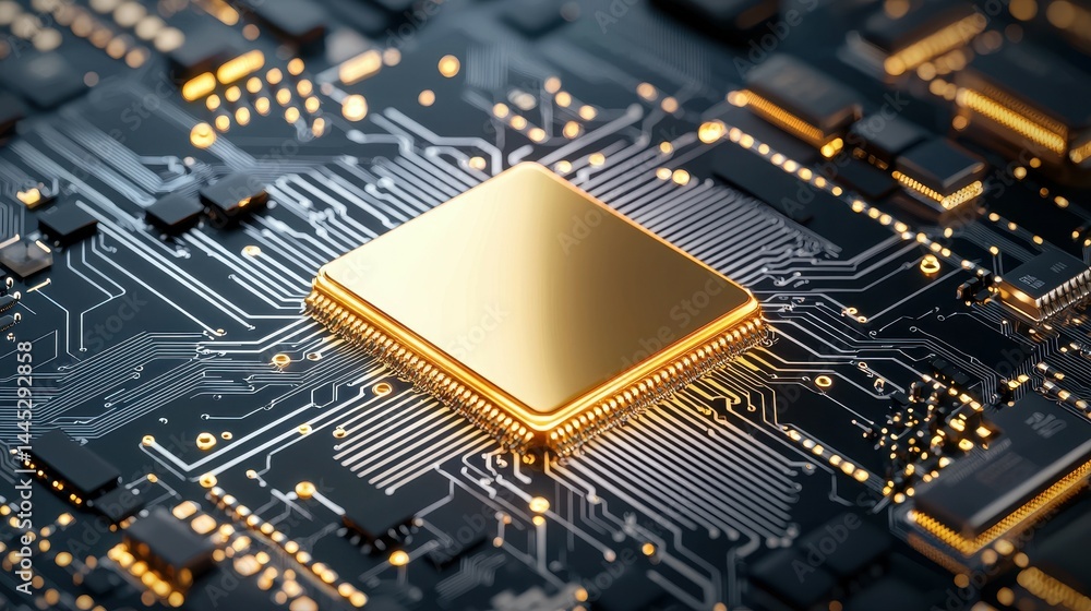 Poster close-up of a golden microchip on a dark circuit board, glowing with intricate details.