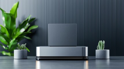 Modern sleek gray desktop setup with potted plants and a minimalistic design.