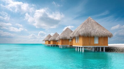 luxury overwater bungalows on turquoise ocean waters, surrounded by coral reefs, white sand beaches in the background, bright tropical sky, vibrant 