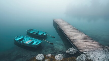 Misty Lake Serenity Two Boats at Wooden Dock.