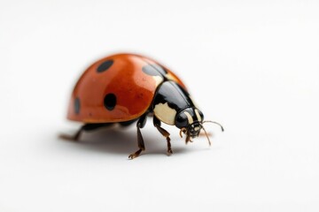 Fototapeta premium Close-up of a single ladybug on white background, seven-spotted ladybug, close-up