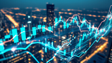 Obraz premium Financial stock market chart over cityscape background representing business growth and investment