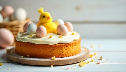 A traditional Easter cake decorated with pastel-colored chicken eggs on a weathered white wooden surface, shot in soft morning light, with ample copy space to the side.