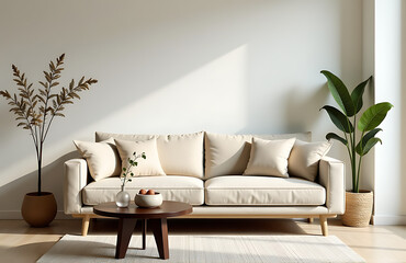 Beige sofa sits beside dark wood table amidst calm, modern space featuring natural accents and serene atmosphere._00001_