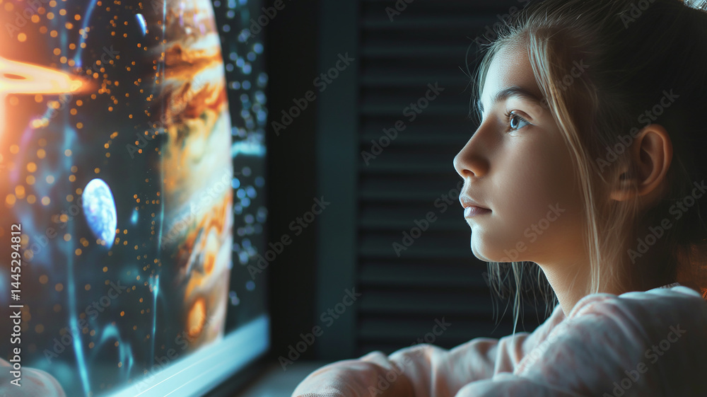 Poster this young student observes ai generated visuals of the universe, engaging with educational content.