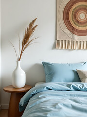 Bedroom features sculptural vase, soft blue bedding, and woven tapestry adding texture and warmth to the serene space._00001_