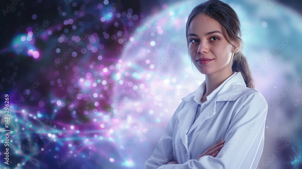 Aufkleber This confident scientist in a lab coat is surrounded by vibrant AI-driven educational graphics.