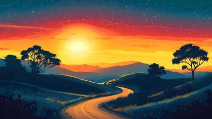 Sunset Landscape Painting with Rolling Hills and Winding Road Peaceful Evening Scenery Artwork with Vibrant Colors