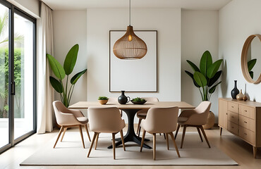 A stylishly designed dining room features a modern table, chic chairs, decorative accents, and elegant accessories amidst a tropical atmosphere._00001_