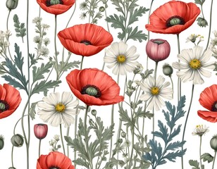 Fototapeta premium Red Poppies and White Daisies Floral Seamless Pattern