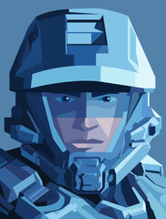 Futuristic Sci-Fi Soldier in Battle Armor  Vector Illustration of Space Military Trooper in Helmet and Suit