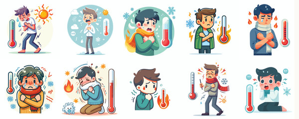 Fototapeta premium Vector Set: Cute Cartoon Characters Experiencing Fever and Chills