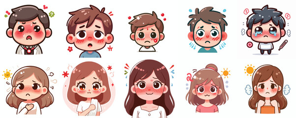 Obraz premium Vector Set: Cute Cartoon Characters with Fever Symptoms
