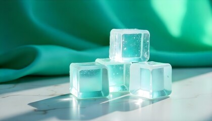 stack of transparent ice cubes on emerald and white background