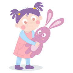A cute cartoon girl with purple pigtails in a pink dress, hugging a pink bunny plush toy. Bright pastel colors, playful style.