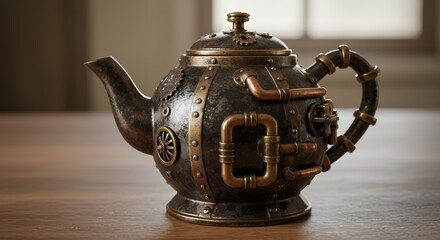 Intricate steampunk style teapot detailed metal design bronze and copper tones vintage concept studio shot
