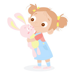 
A cute cartoon girl with pigtails in a blue dress, hugging a pink bunny plush toy. Soft pastel colors, playful style.