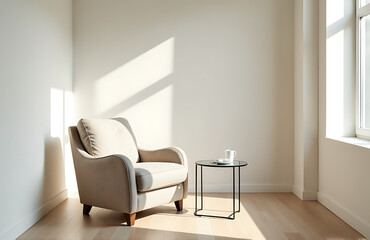 A small, modern space with a textured armchair, glass table, and soft lighting creates a peaceful atmosphere amidst brightness._00001_