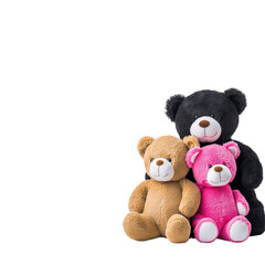 Obraz premium Three colorful teddy bears, black, brown, and pink, sit together on transparency background, creating playful and cozy atmosphere. soft toys are perfect for children and collectors alike