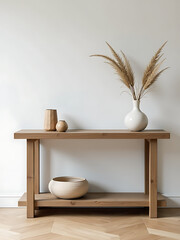 A rustic console table adds natural decor and earthy tones to create a serene and balanced interior space._00001_