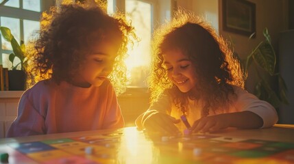 Two happy girls enjoy their time playing a board game in warm sunlight at home.