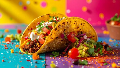 A vibrant colorful graphical display of a colorful taco bursting with flavors, cheese sprinkling in mid-air, flying ingredients, dynamic motion, and festive energy showcasing delicious Mexican cuisine