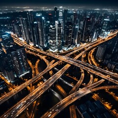Night Cityscape Highway Interchange and Skyline