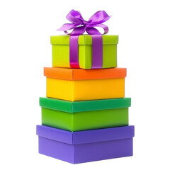 Obraz premium Colorful stack of gift boxes with purple ribbon, featuring vibrant green, orange, and yellow hues, perfect for celebrations and festive occasions