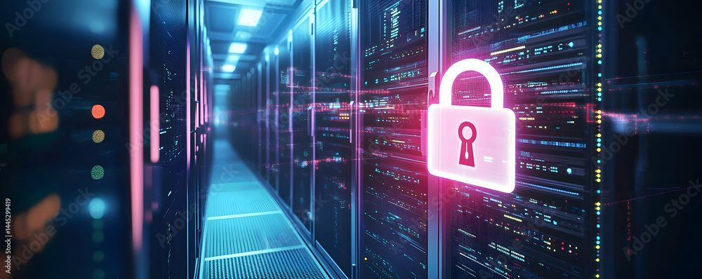 Poster a secure server room with digital lock overlay, highlighting cybersecurity and data protection. the 