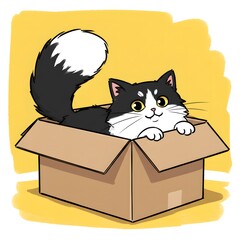 Cat hiding in a box, animated doodle style. 