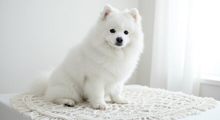 Adorable Fluffy White Pomeranian Puppy Sitting on Macrame Rug Indoor Pet Portrait