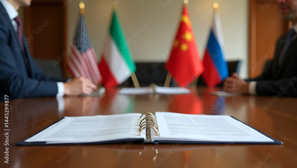 Poster high-level meeting table with national flags and trade documents - capturing diplomacy and trade dia