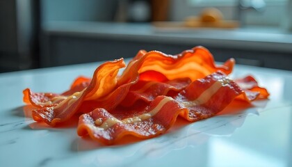 slices of crispy hot fried bacon isolated on white background