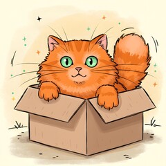 Cat hiding in a box, animated doodle style. 