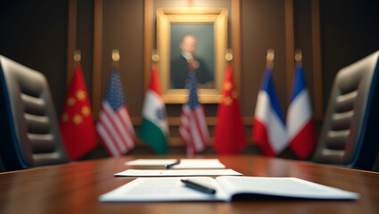 High-Level Meeting Table with National Flags and Trade Documents - Capturing Diplomacy and Trade Dialogue Atmosphere, Empty Space on Left for Text Overlay
