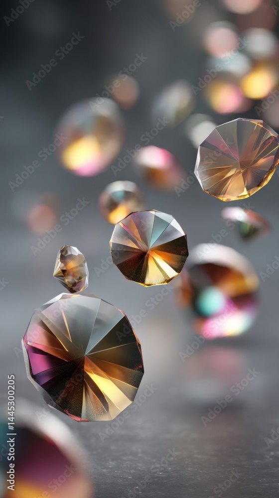 Poster sparkling crystals rotating in space, reflecting light with rainbow hues, hyper-realistic 3d texture