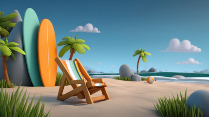 Obraz premium Colorful striped beach chair sits on sandy shore near surfboards and palm trees under bright blue sky with clouds, creating relaxing tropical beach scene