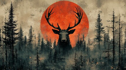 Majestic deer in a dark forest with a blood red sun