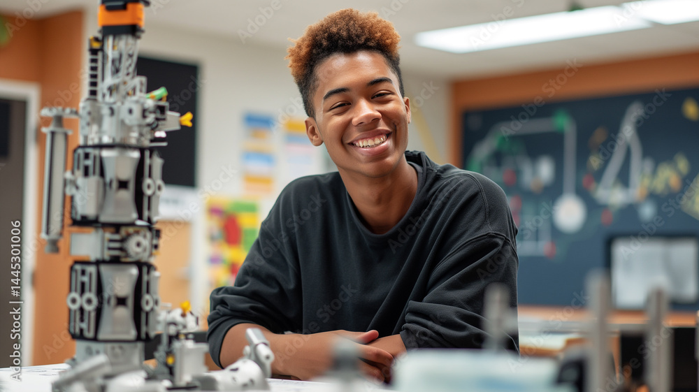 Poster This Young student smiles while working with robotics materials in a dynamic learning environment.