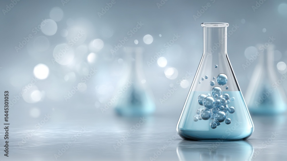 Poster transparent scientific flask with floating capsules in a glowing blue liquid, intricate bubbles risi