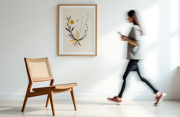 A minimalist interior features a modernist chair with woven seat and backrest, accompanied by abstract art and a blurred figure in motion._00001_