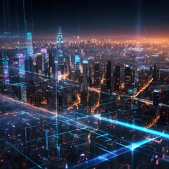 Fototapeta premium Futuristic Cityscape at Night with Digital Overlay