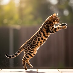Bengal cat jumping mid-air