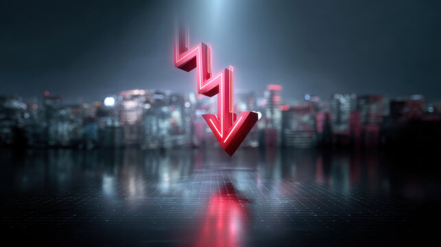 Digital neon glowing red arrow pointing down with cityscape background, symbolizing decline or decrease in value or performance, creating dramatic and intense atmosphere