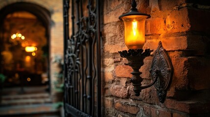 Fototapeta premium Glowing wall lamp, brick gate, courtyard, evening