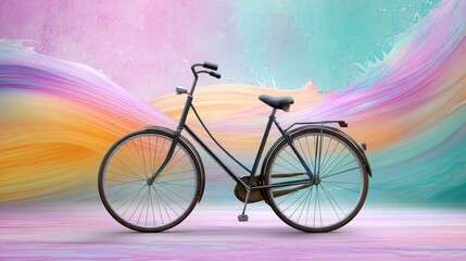 Fototapeta premium vintage bicycle floating through a dynamic colorful paint wave, digital surrealism, vivid pastel 