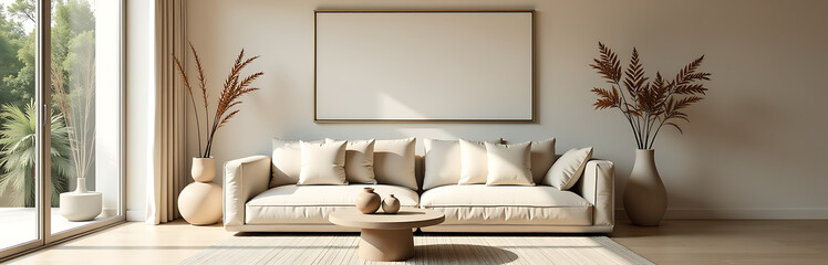 A japandi interior features a beige sofa, natural color paintings, stone tables, stylish furniture, and decorations._00001_