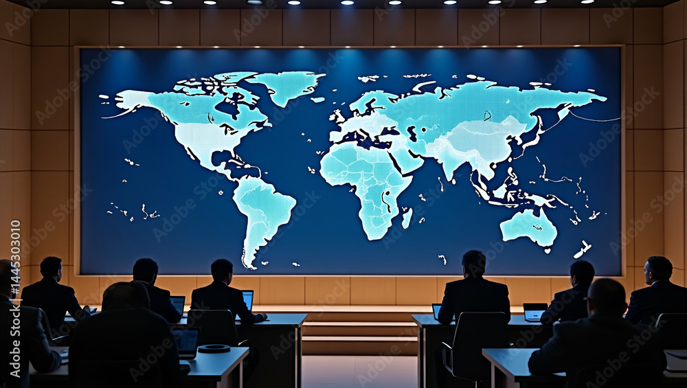 Poster policy analysts in eu parliament chamber debating usa-eu trade conflict with world map display and s