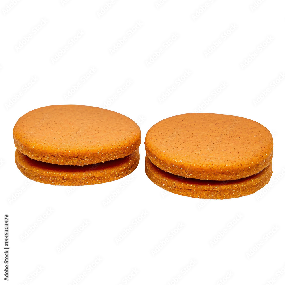 Poster two round sandwich cookies with chocolate filling are placed side by side, showcasing their golden b